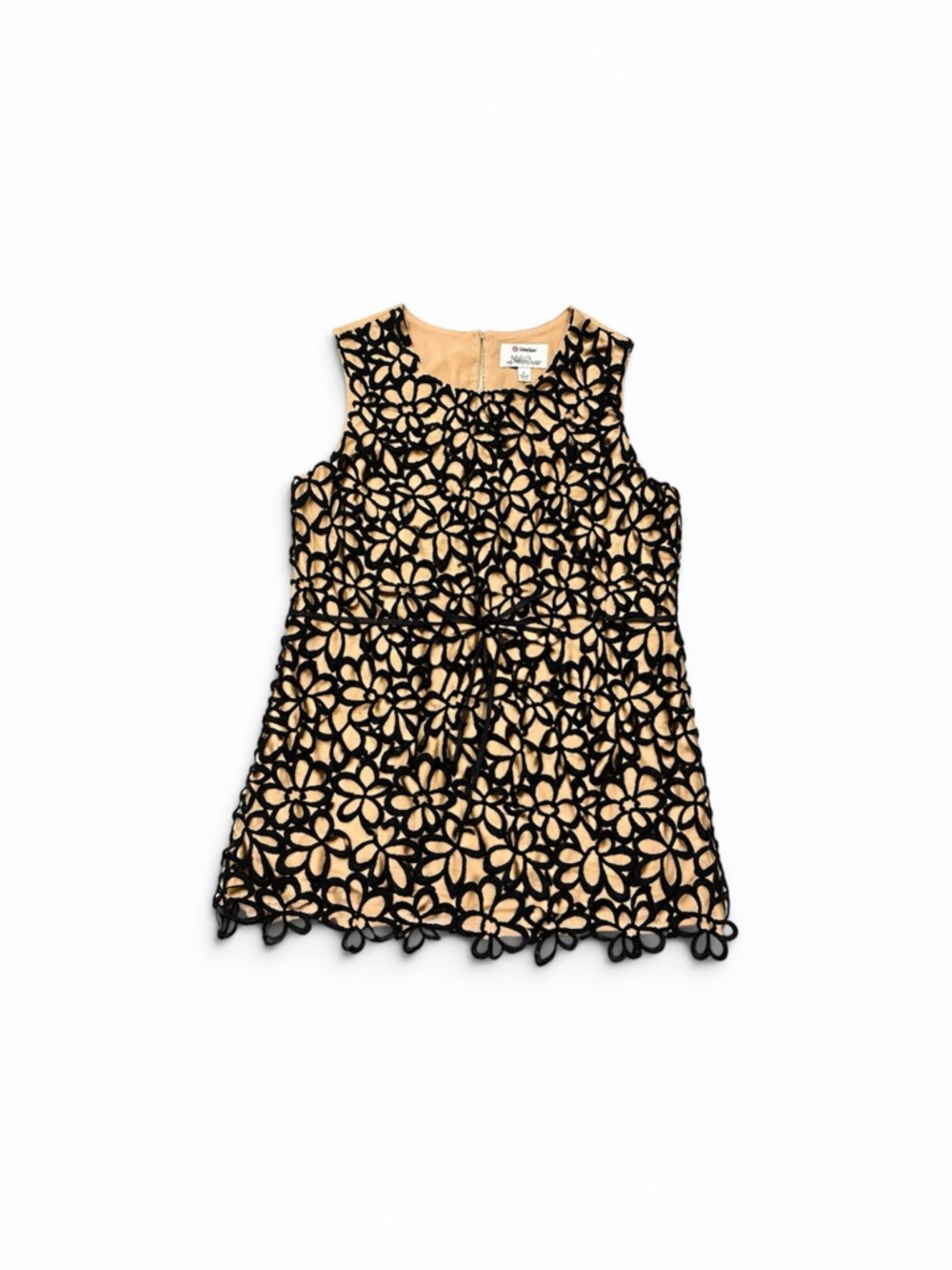Neiman Marcus Black Floral Lace Sleeveless Top with Waist Tie